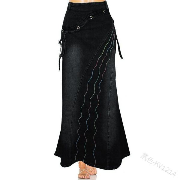

skirts women's european and american retro literary style stitching big denim fishtail skirt, Black