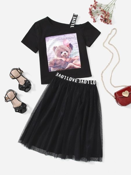 

girls asymmetrical neck cartoon pattern & letter tape mesh skirt she, White