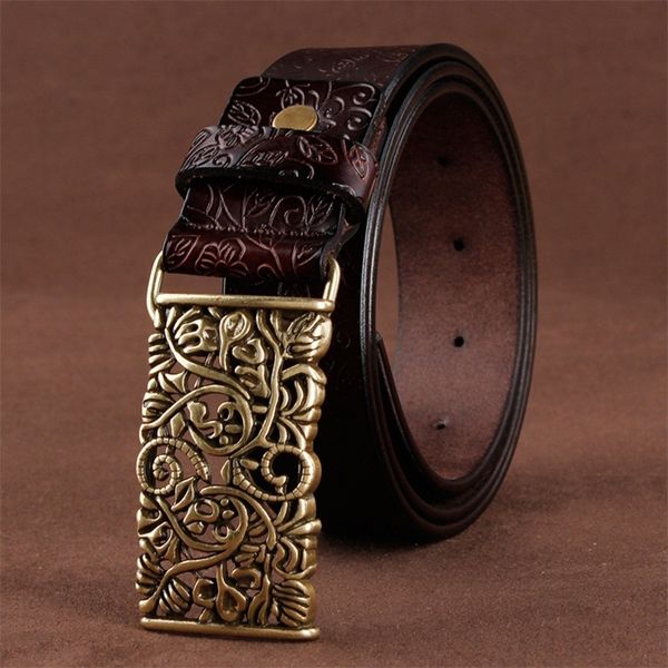 

[lfmb]belt for women waistband cowskin leather lady belt vintage pin buckle hollow flower fashion woman jeans girdle female 220428, Black;brown