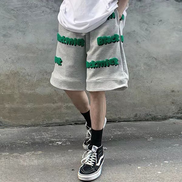 

pants letter match streetwear casual shorts for men elastic waist wide leg terry oversized summer knee lenght, Black