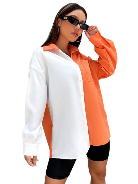 

drop shoulder colorblock longline shirt t0ef#, White