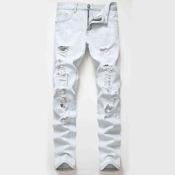 

men's jeans 2022 new men's wear ripped jeans wash light white straight tub, Blue