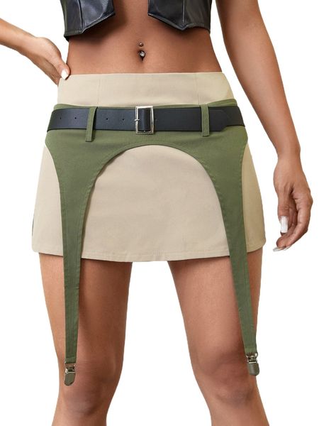 

high waist belted colorblock skirt i59g#, Black