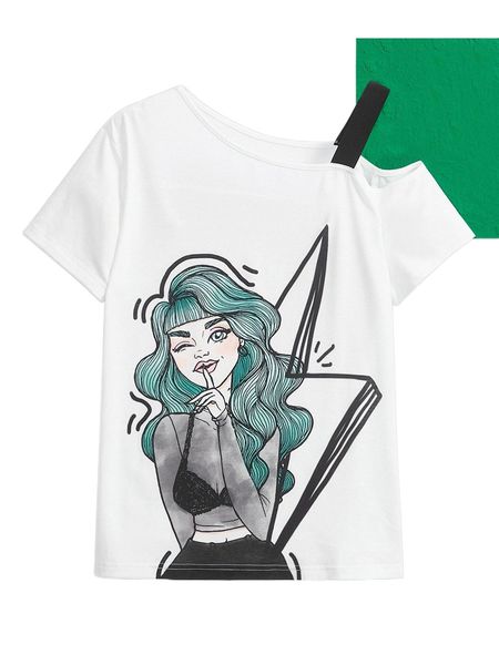 

x chechisart asymmetrical neck figure graphic tee 93dr#, White