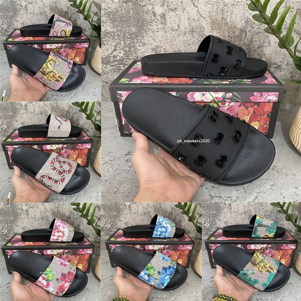 

designer men women sandals with correct flower box dust bag shoes tiger snake print slide summer wide flat slipper sneakers, Black