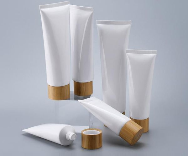Tubos de aperto de plástico branco vazios frascos de creme cosmético de garrafa recipiente refilável de bálsamo de viagem com tampa de bambu SN4637