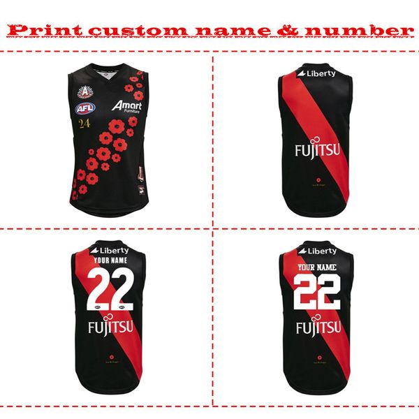 

2022 essendon bombers afl anzac guernsey mens size: s-xxl (print custom name number) delivery, Black