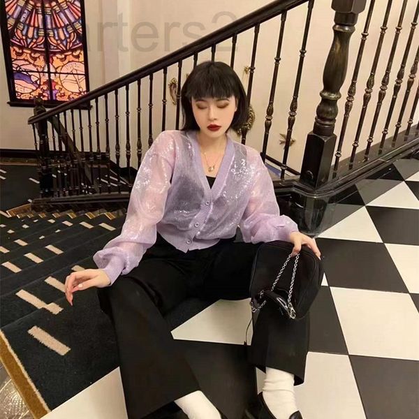 

women's knits & tees designer straight 2022 early spring new hand-made transparent beads short v-neck single breasted cardigan women nj, White