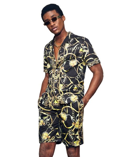 

men chain print shirt & drawstring waist shorts z7la#, Gray