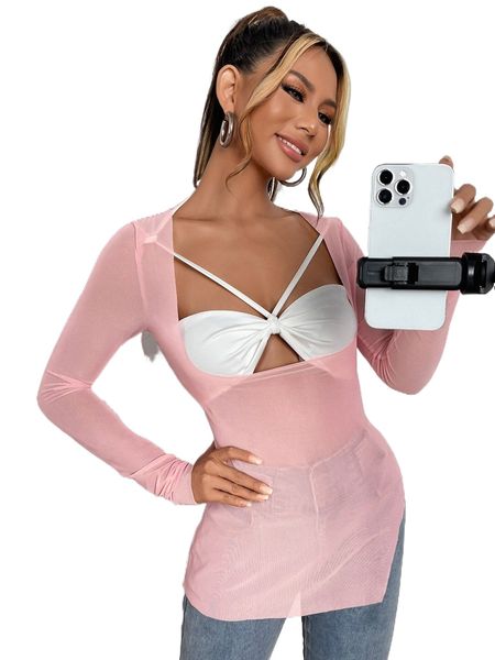 

cut out asymmetrical hem mesh tee & crop halter t4x1#, White
