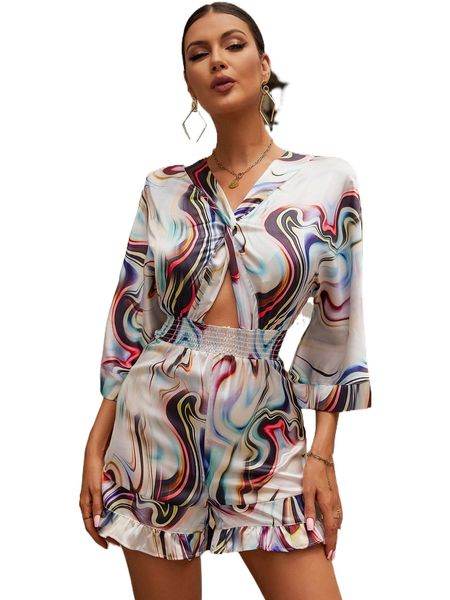 

marble print twist front cut out tie back ruffle hem jumpsuit k7nl#, Black;white