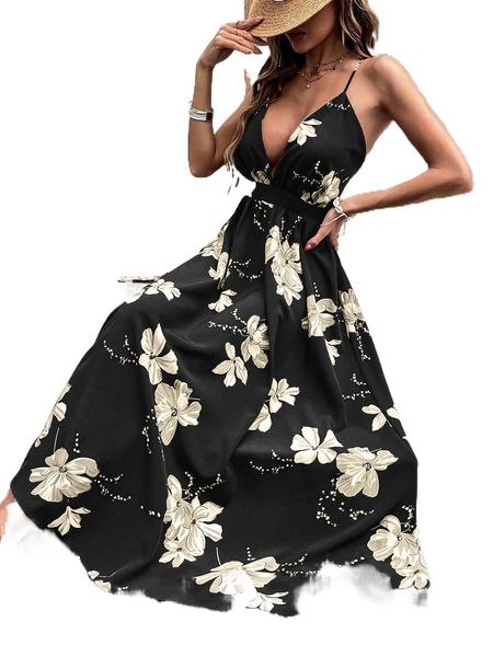 

floral print criss cross backless dress r2nx#, Black;gray