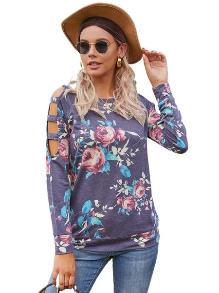 

dearcase ladder cut out raglan sleeve floral sweatshirt q2mm#, Black