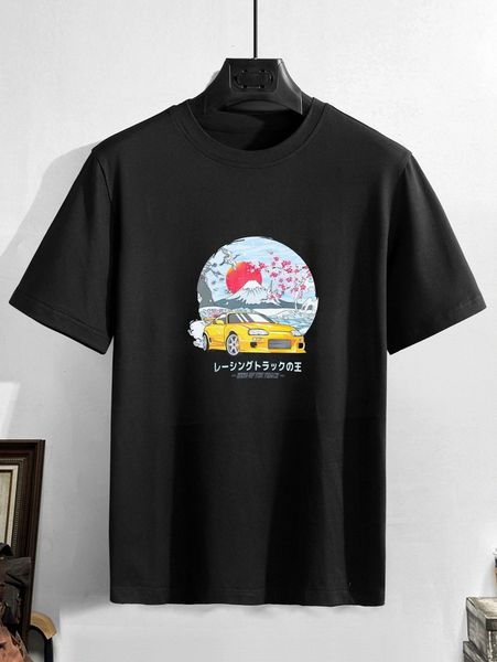 

men japanese letter & car print tee w7vr#, White;black