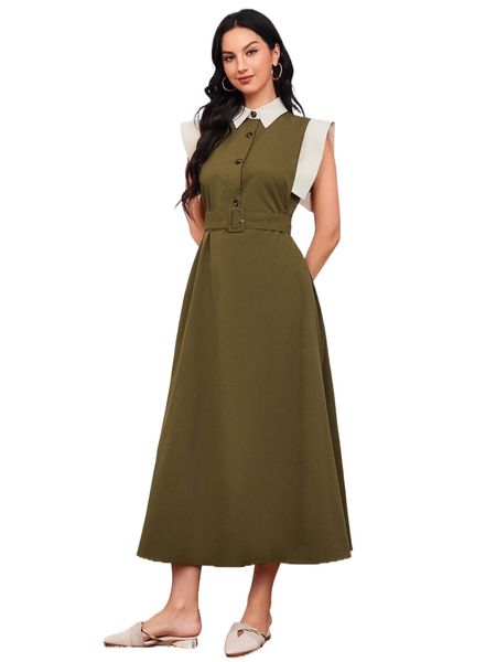 

contrast trim buckled belted shirt dress r3vf#, Black;gray