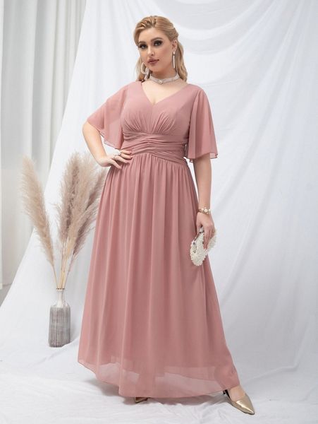 

plus flutter sleeve ruched waist chiffon prom dress g6tt#, Black