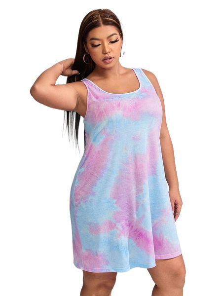 

plus tie dye scoop neck tank dress w7k2#, Black