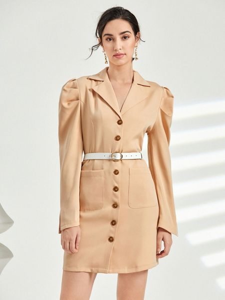 

lapel collar puff sleeve button front blazer dress without belt t4hy#, White