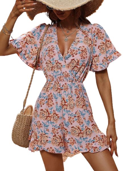 

allover floral print flounce sleeve romper k5ny#, Black;white