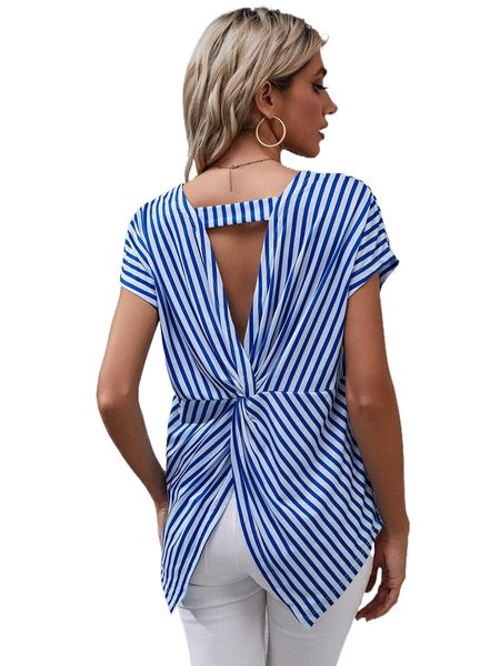 

striped print cut out twist back batwing sleeve tee u8ci#, White