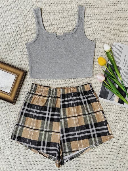 

notched neckline tank & plaid print shorts pj set y944#, Black;red