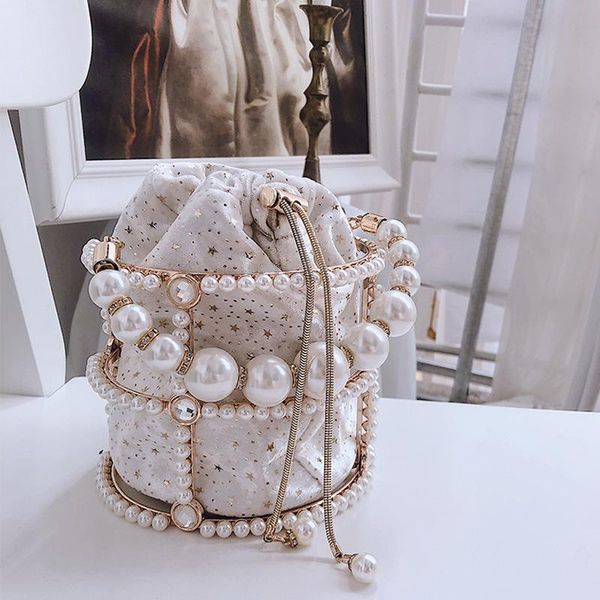 

evening bags summer pearl chain bucket bag women's handbag crossbody leather bagevening