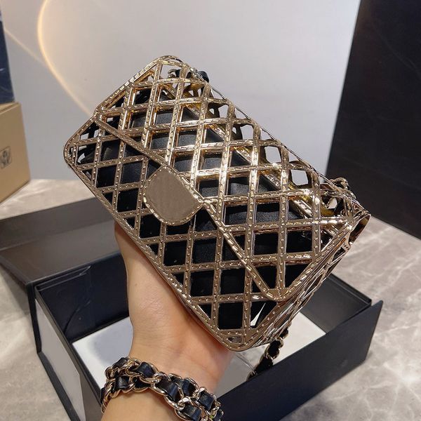 

hollow out metallic shoulder bag handbags genuine leather internal package metal frame can be used alone with other bags evening bags