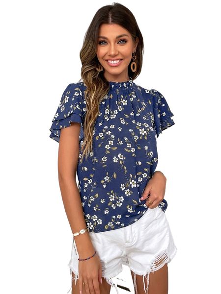 

allover floral print flutter sleeve frilled neck blouse b7ro#, White