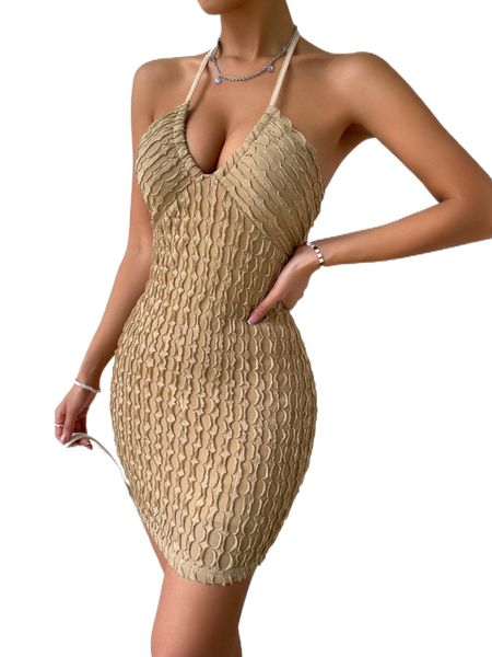 

lettuce trim tie backless halter bodycon dress r7on#, Black;gray