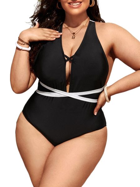 

plus crisscross tie back one piece swimsuit i66r#, White;black