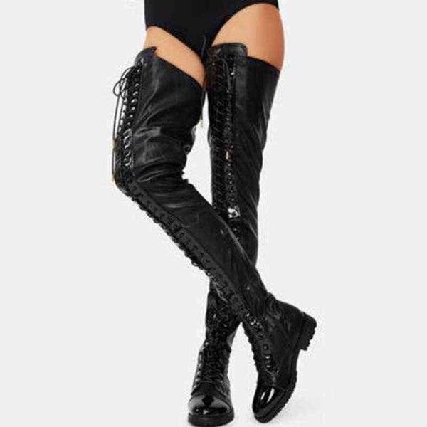 

boot brand black thigh high women shoe 2022 autumn winter pu leather low heel lace up punk female over the knee 220805