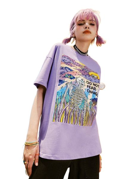 

romwe x sadskelly street life skeleton print oversized tee t66v#, White
