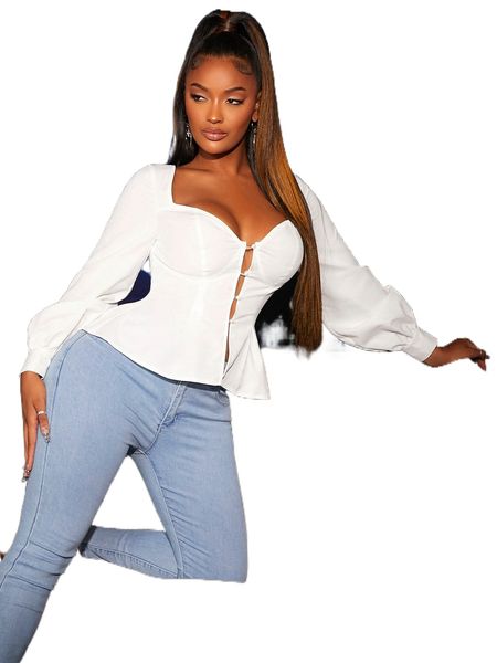 

sxy sweetheart neck lantern sleeve button front blouse l2hb#, White
