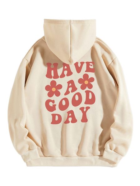 

floral & slogan graphic drawstring thermal lined hoodie m3tk#, Black