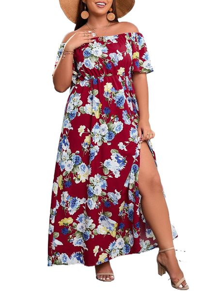 

plus floral print off shoulder split thigh dress g7rm#, Black
