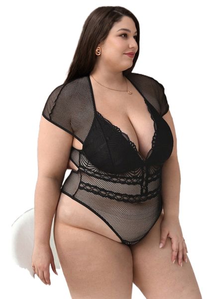 

plus mesh contrast lace backless teddy bodysuit p8i3#, Black;white