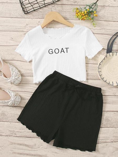 

girls letter embroidery lettuce trim tee & bow front shorts she, White