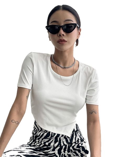 

dazy solid asymmetrical hem tee m0ki#, White
