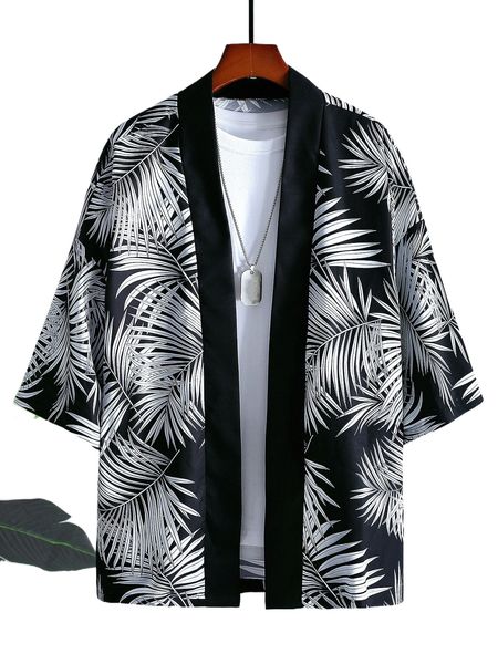 

men random tropical print drop shoulder kimono without tee 62k8#, White;black