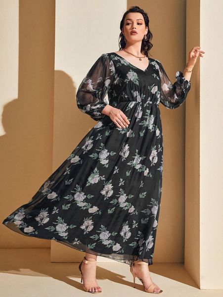 

plus floral print mesh overlay dress without belt 8765#, Black