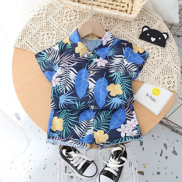 

1-5Y Infant Baby Boys Summer Outfit Set Hawaiian Style Short Sleeve Button Down Shirt Short Pants Suits, Navy blue