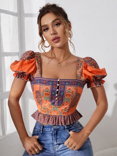 

floral print puff sleeve square neck button front ruffle hem blouse 10j4#, White