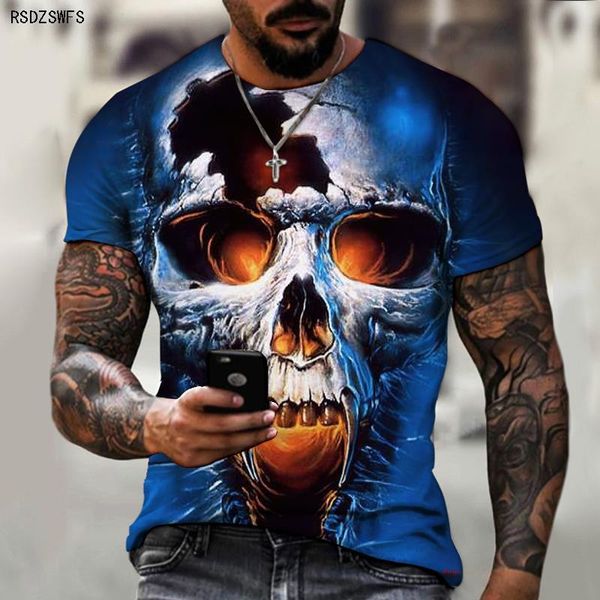 T-shirt da uomo Serie horror Teschio e ossa incrociate Abbigliamento di marca T-shirt con o-collo stampata in 3D Tema emozionante e allentato Oversize