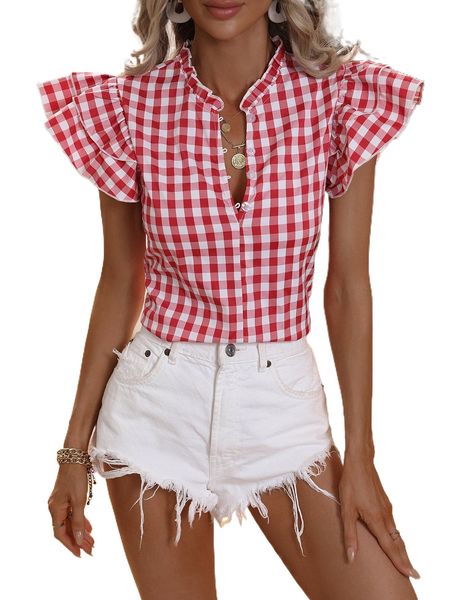

gingham flutter sleeve frilled neck half button blouse i0tw#, White