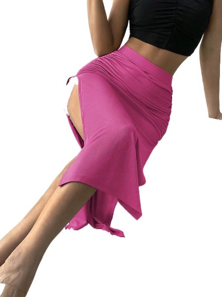 

ruched tie split thigh skirt k3ex#, Black