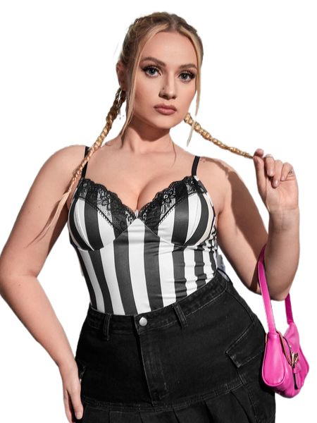 

plus striped print contrast lace cami c7c9#, Black