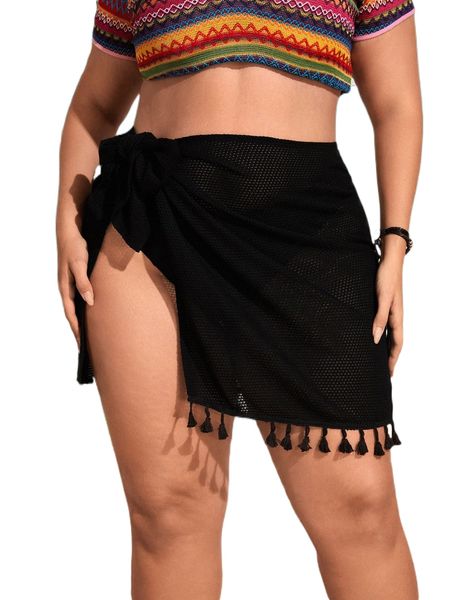 

plus knot side fringe hem cover up r77x#, Black