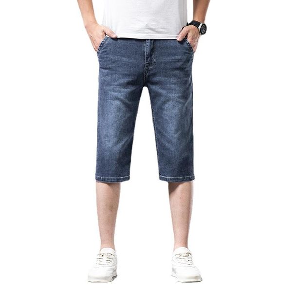 

men's jeans summer brand men's fit straight lightweight cotton stretch cropped pants high waist thin jeansmen's, Blue