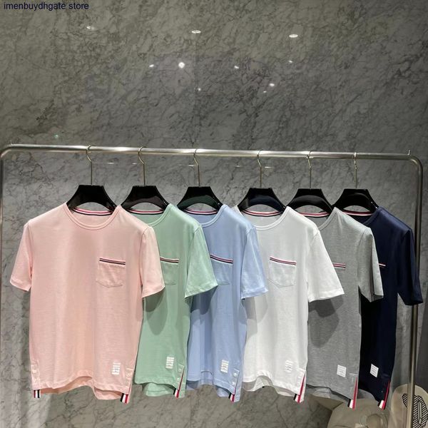 

2022 fashion designer thom summer short sleeve t shirt spring style round neck pocket stripe men's and women's tee classic college, White