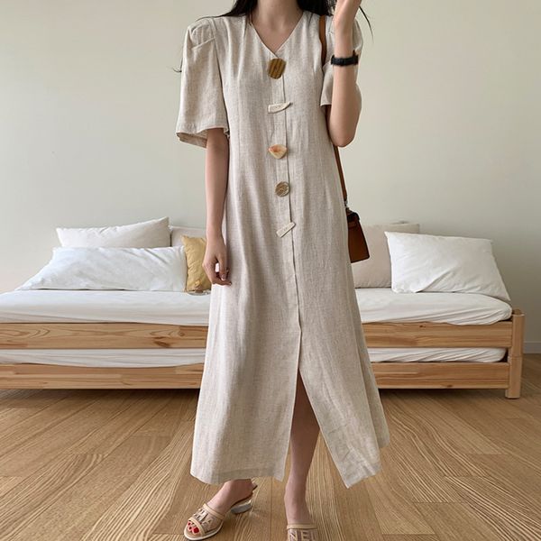 

hepburn style robe femme loose casual long dresses summer vneck women dress chic singlebreasted vestido 210506, Black;gray
